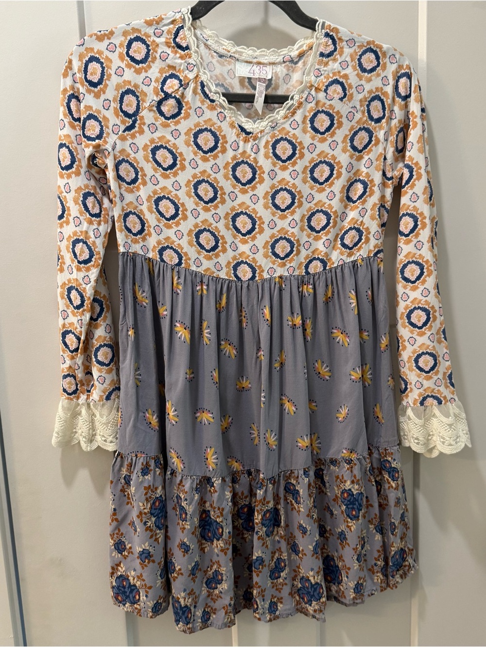 435 by Matilda Jane Kids Long Sleeve Mixed-Print Tiered Dress - Blue/Beige 12